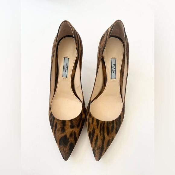Prada Black Brown leather Calf Hair Leopard Print pointed toe pumps EU 39.5 - Picture 3 of 10